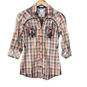 Passion for Roar Cowgirl Western Plaid Rhinestone & Embroidered Button Down